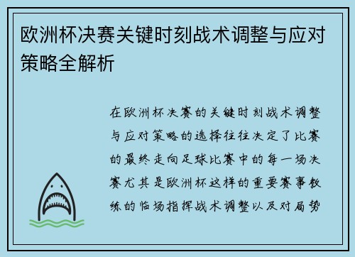 欧洲杯决赛关键时刻战术调整与应对策略全解析